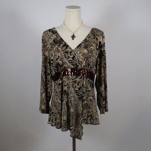 Womens Sequin Waist Paisley Print V Neck Long Sleeve Tunic Top